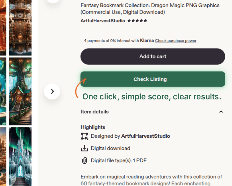 Screenshot: Etsy listing page with the "Check Listing" button appearing below "Add to cart"